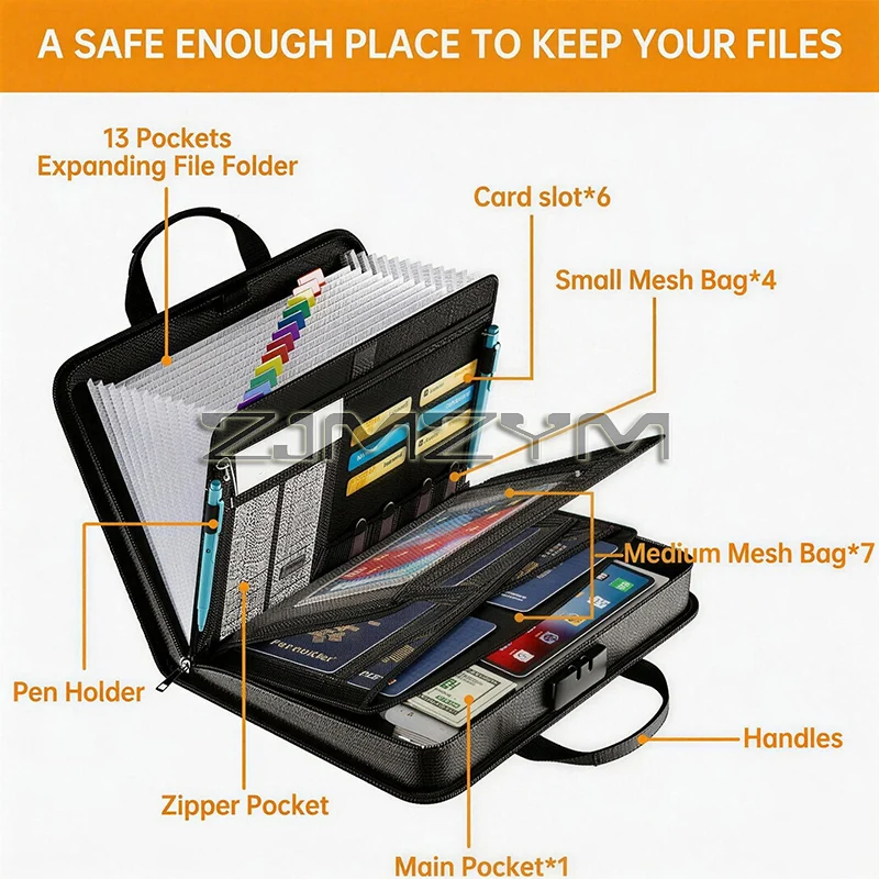 A4 Zipper File Bag Waterproof Fireproof Document Bag Foldable Accordion File Pouch Large Capacity Document Storage Bag