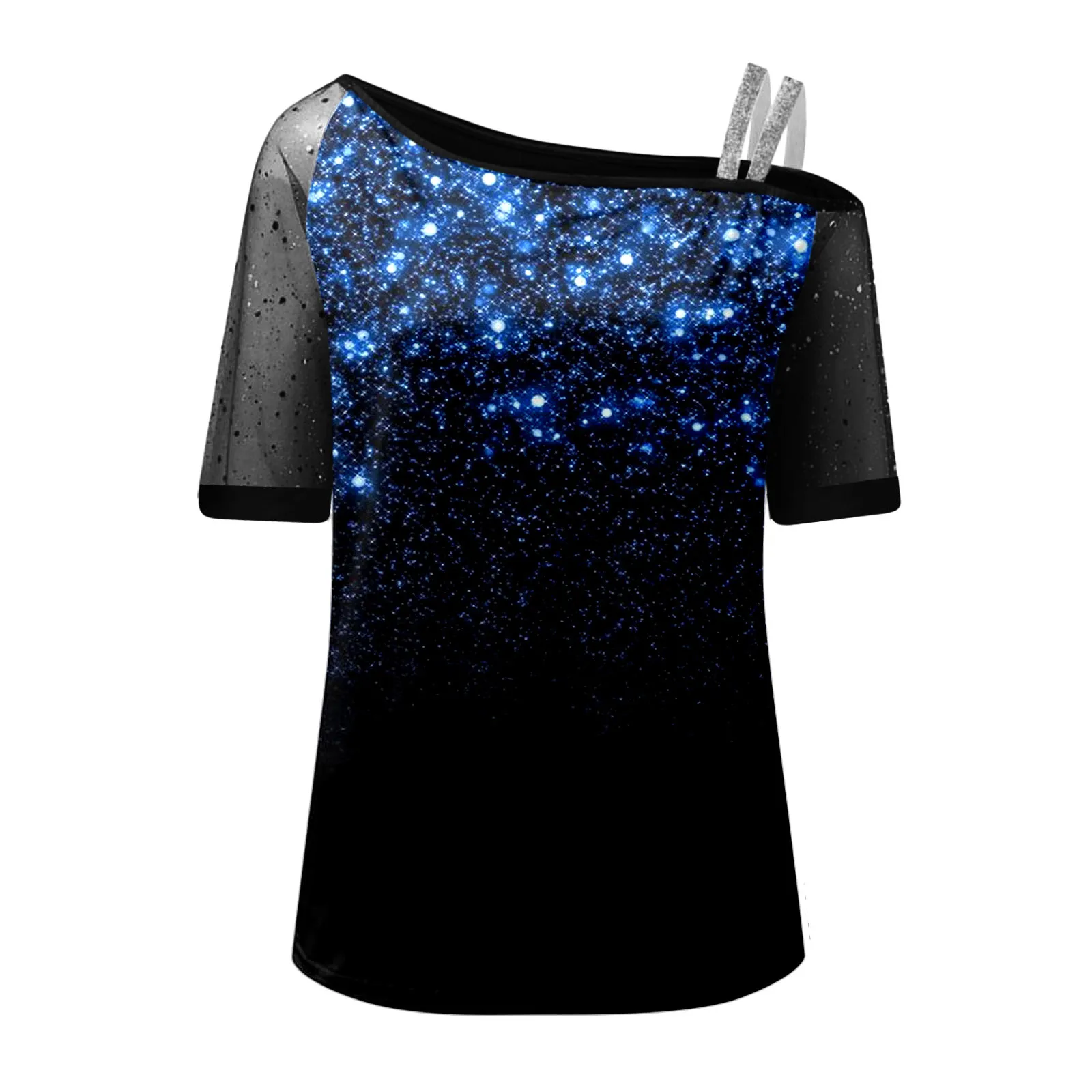 Sexy Women Shiny Top Shirt Summer Cold Shoulder Blouse Short Sleeve Sheer Top Clothing