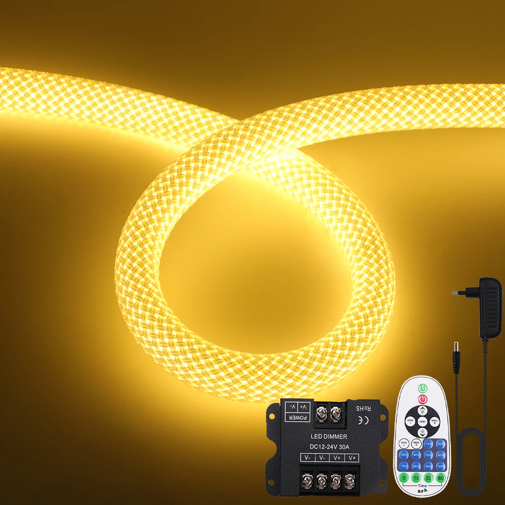 12V 24V 360° Round Grid Dimmable Neon LED Strip Light 240LED/M EU US UK AU Power Plug 23keys Remote Control Flexible Home Decor