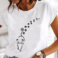 Black Cat Print T-Shirt Women's White Cotton Short Sleeve Summer Cute Pattern T-Shirt Summer Oversized Casual White T Shirt