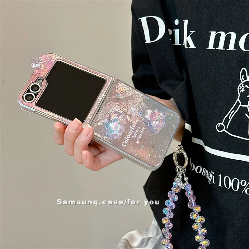 

Luxury Tin Foil Texture Cute 3D Star Phone Case For Samsung Galaxy Z Flip 7 6 5 4 3 Flip6 Flip5 Flip7 Cover with Chain Cute Capa