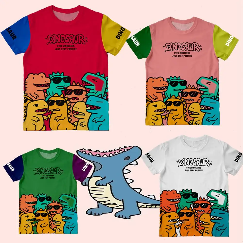 

Cute Cartoon Dinosaur Print T-Shirt Unisex Fashion Rainbow Color Harajuku Style Tees Street Trend Hip Hop Short-Sleeve Tops