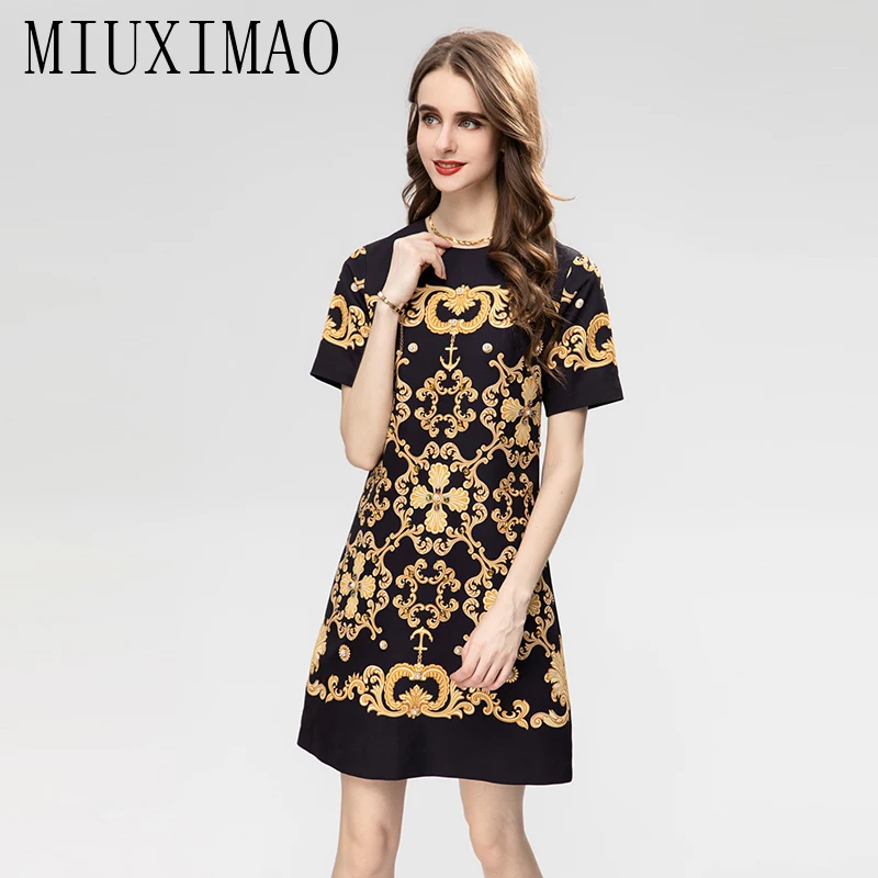 

MIUXIMAO 2023 High Quality Spring&Summer Diamond Dress Short Sleeve O-Neck Print Fashion Mini Dress Women Vestide