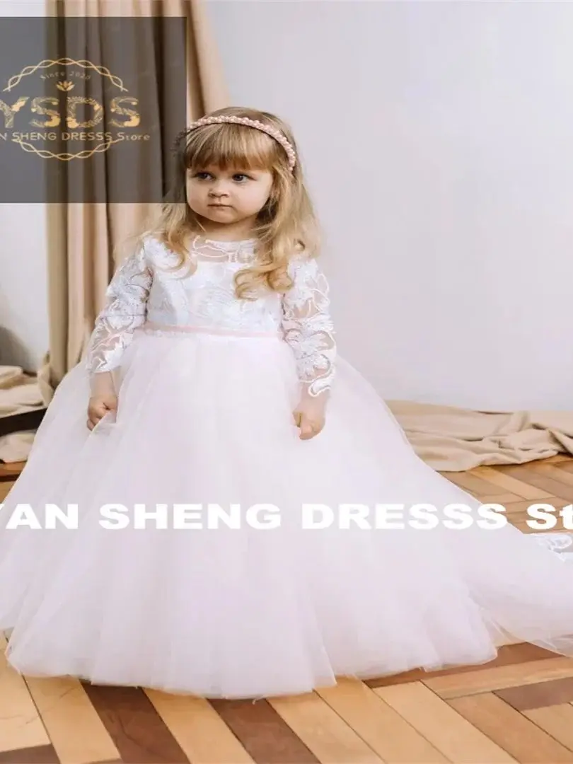 Vestidos de flores para niña, apliques de tul blanco con cinta rosa, manga larga para boda, fiesta, cumpleaños, vestidos de comunión