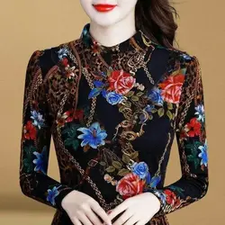 Autumn and Winter Women's New Fashion Elegant and Comfortable De Rong High Neck Printing Slim and Versatile Long Sleeves Tops