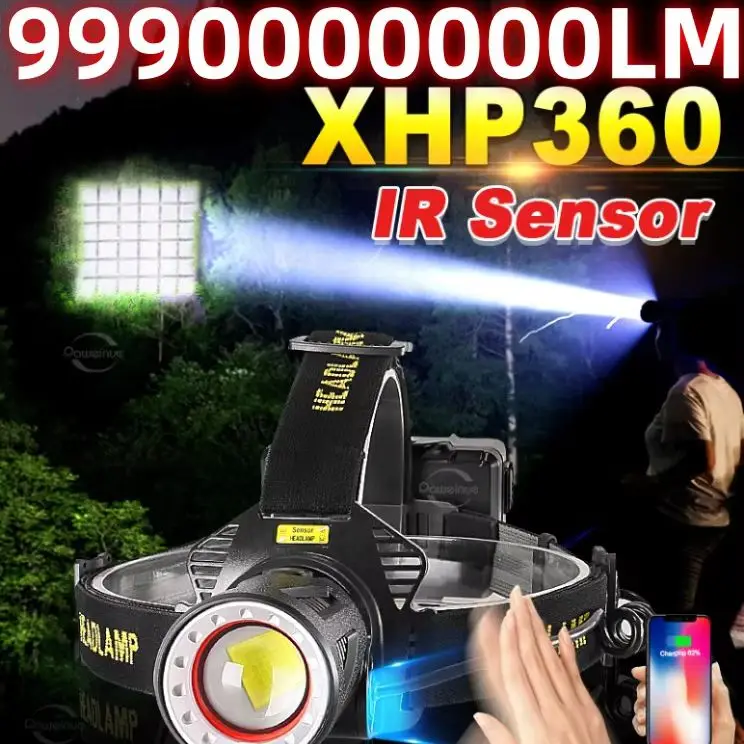 9990000000lm-超高輝度-xhp360-ヘッドランプ-irセンサー-ズーム機能付き-ヘッドトーチ-cob警告灯-充電式ヘッドライト-アウトドア-フィッシング用