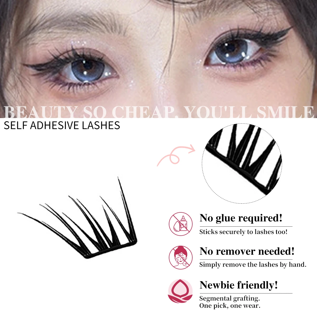 No Glue Self Adhesive Eyelashes Ultra Thin Natural Clusters Zero Touch False Lashes For Natural Look