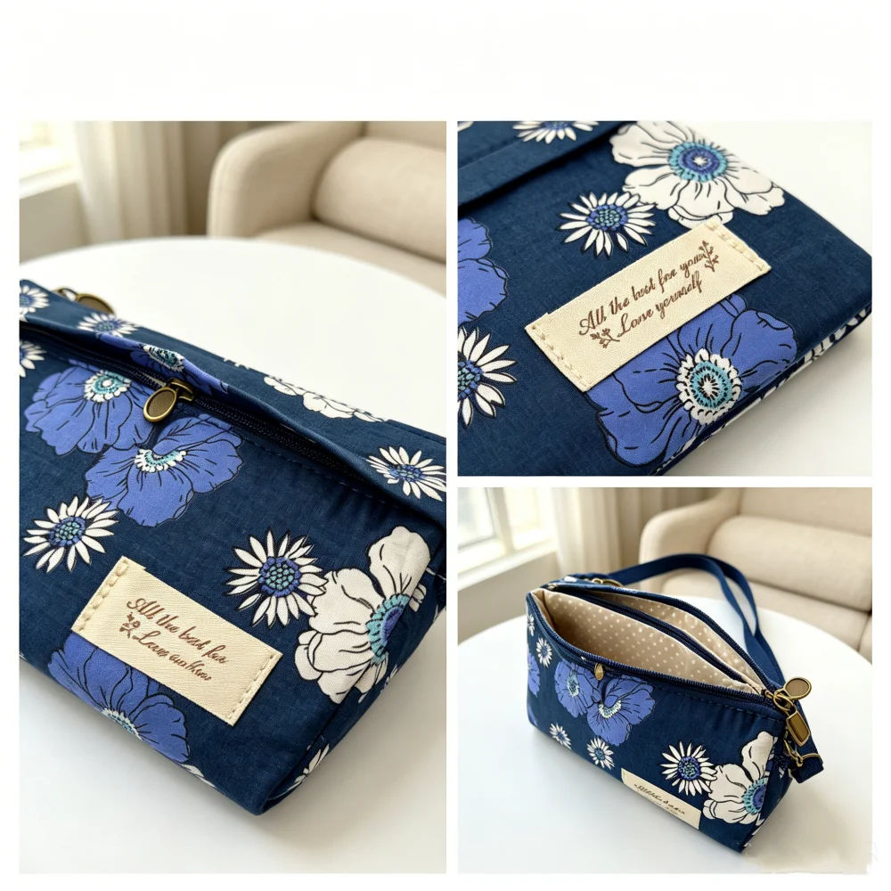Leichte Canvas-Handytasche mit Blumenmuster für Damen, Umhängetasche mit mehreren Taschen und Reißverschluss, verstellbarer Riemen, Mini-Handgeldbörse – Detail 16