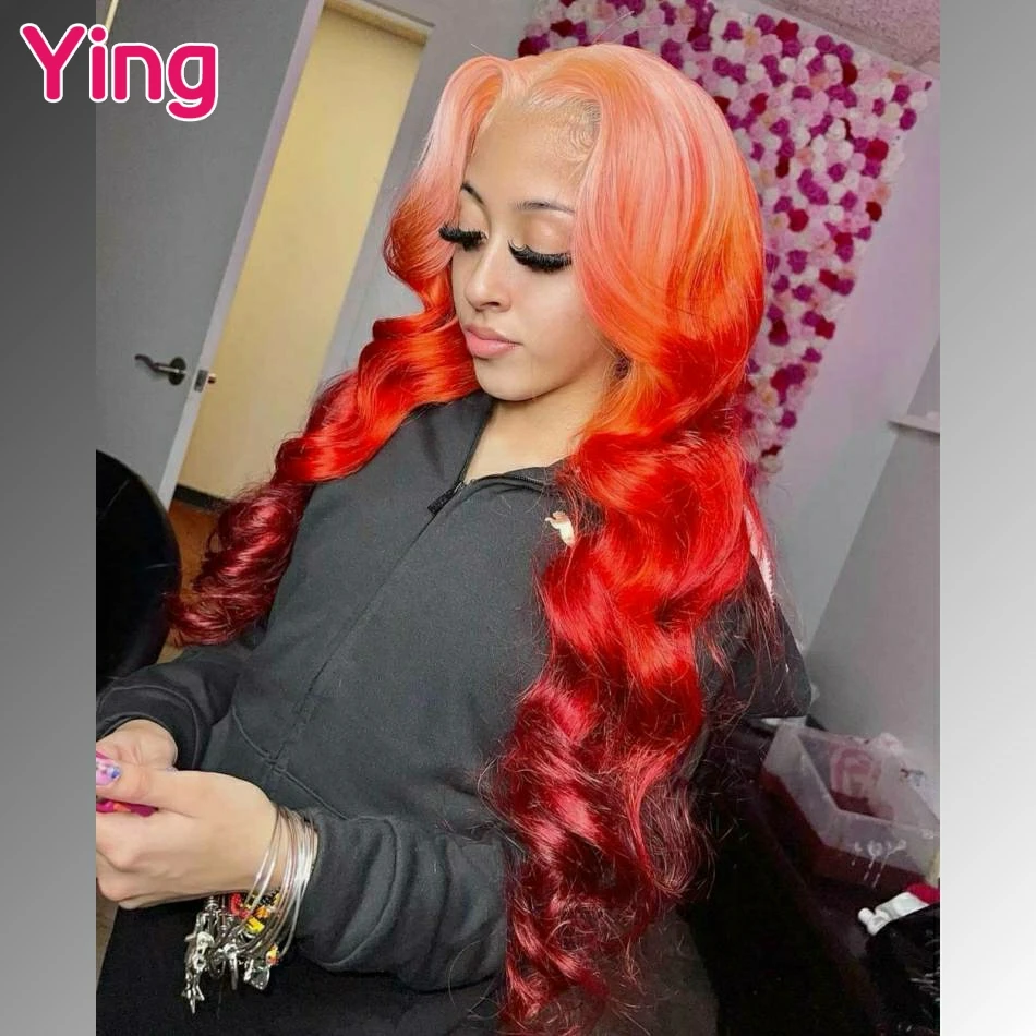 Omber Orange Red Colored 13x4 13x6 Lace Frontal Human Hair Wig Body Wave Brazilian PrePlucked 5x5 Closure Wigs For Black Women