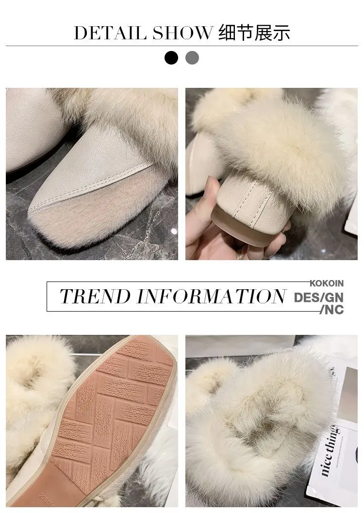 Winter Patchwork square toe fur shoes women fluffy plush flats add cashmere moccasins retro warm rabbit fur loafers woman 2021