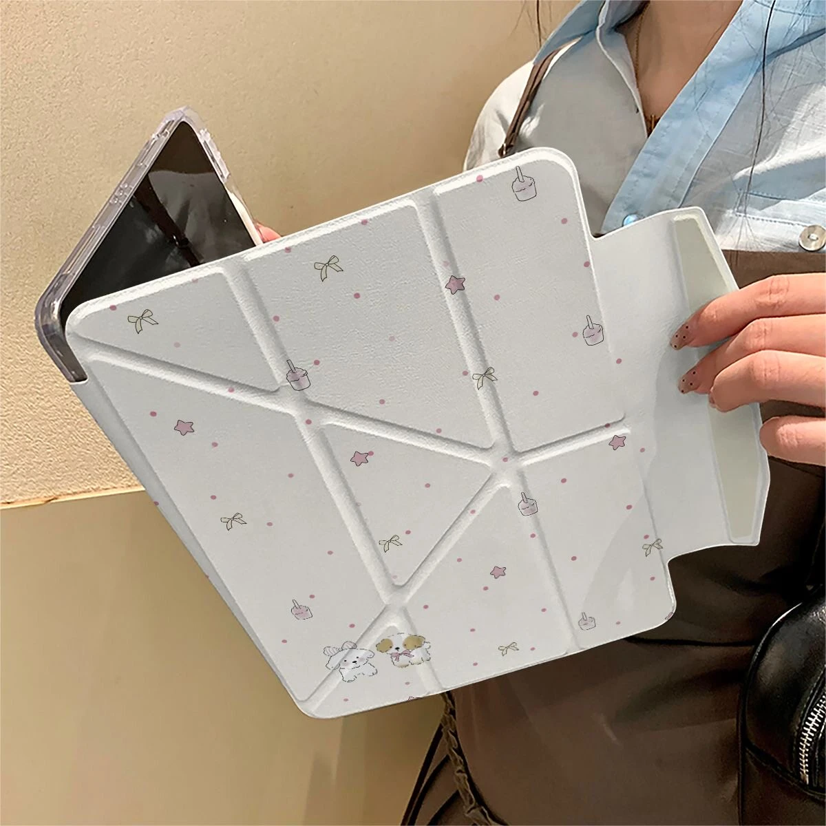 Puppy Polka Dot Star Ribbon Y2K Y-Fold Cover For iPad Pro 13 11th M5 M4 12.9 A16 10 8 7 9th 10th Air 11 M2 M3 Mini Tablet Case