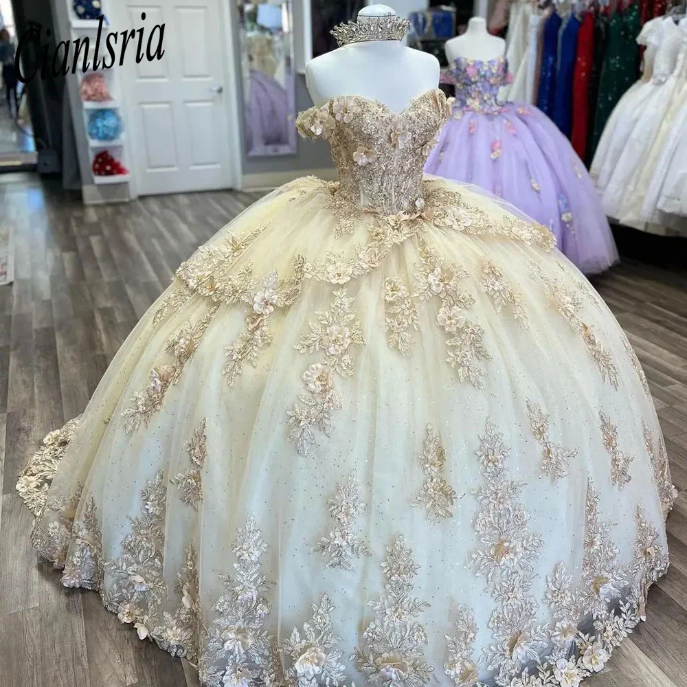 

Шампань 3D Цветы оборки бальное платье Quinceanera платья с открытыми плечами Аппликации Кружева корсет Vestidos De 15