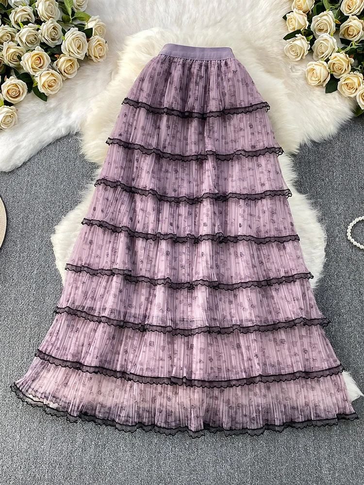 Women Summer Super Fairy Skirt Mesh Cake High Waisted Lace Patchwork Lotus Leaf Edge Skirt Female Faldas SK111