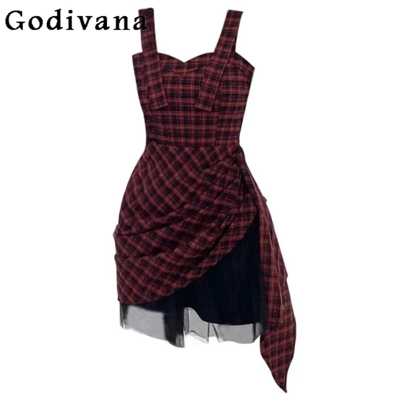 

Sweet Cool Girl Temperament Plaid A-line Suspender Dress Women's Spring Summer New Gauze Irregular Sexy V-neck Suspender Dresses
