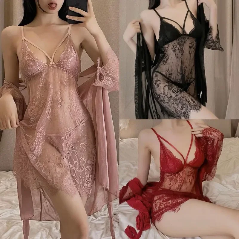 

Sexy Night Dress Pajamas Set Three Pieces Set Night Gown Sleepwear Women Mini Skirt Robe Briefs Thong Lace Nightgowns Loungewear