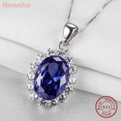 Newshe 6.4 Ct Oval Shape Blue AAAAA Zircon Pendant Solid 925 Sterling Silver 18 Inches Chain Necklace for Women