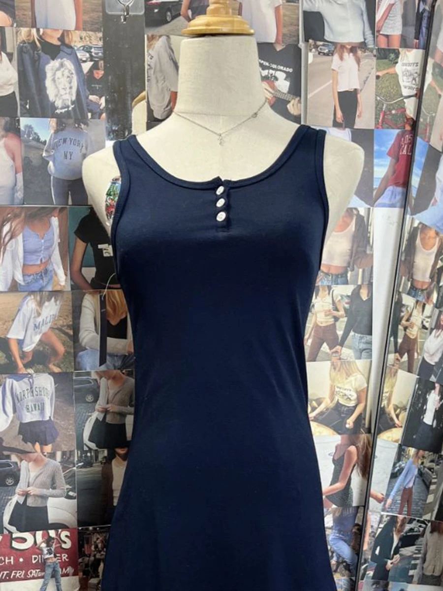 Vintage Button O-neck Slim Tank Dress Ladies Cotton Casual Simple Basic A-line Dresses Female Harajuku Street Chic Vestidos Y2K