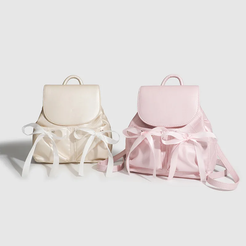 حقيبة ظهر نسائية من جلد البولي يوريثان، رياضات الباليه، لطيفة وحلوة، حقيبة ظهر بجيب على شكل فيونكة للنساء #1