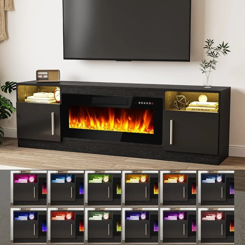 Centro de entretenimiento con soporte para TV con chimenea de 36", soporte para TV de madera de 70" para televisores de hasta 80", consola multimedia para TV