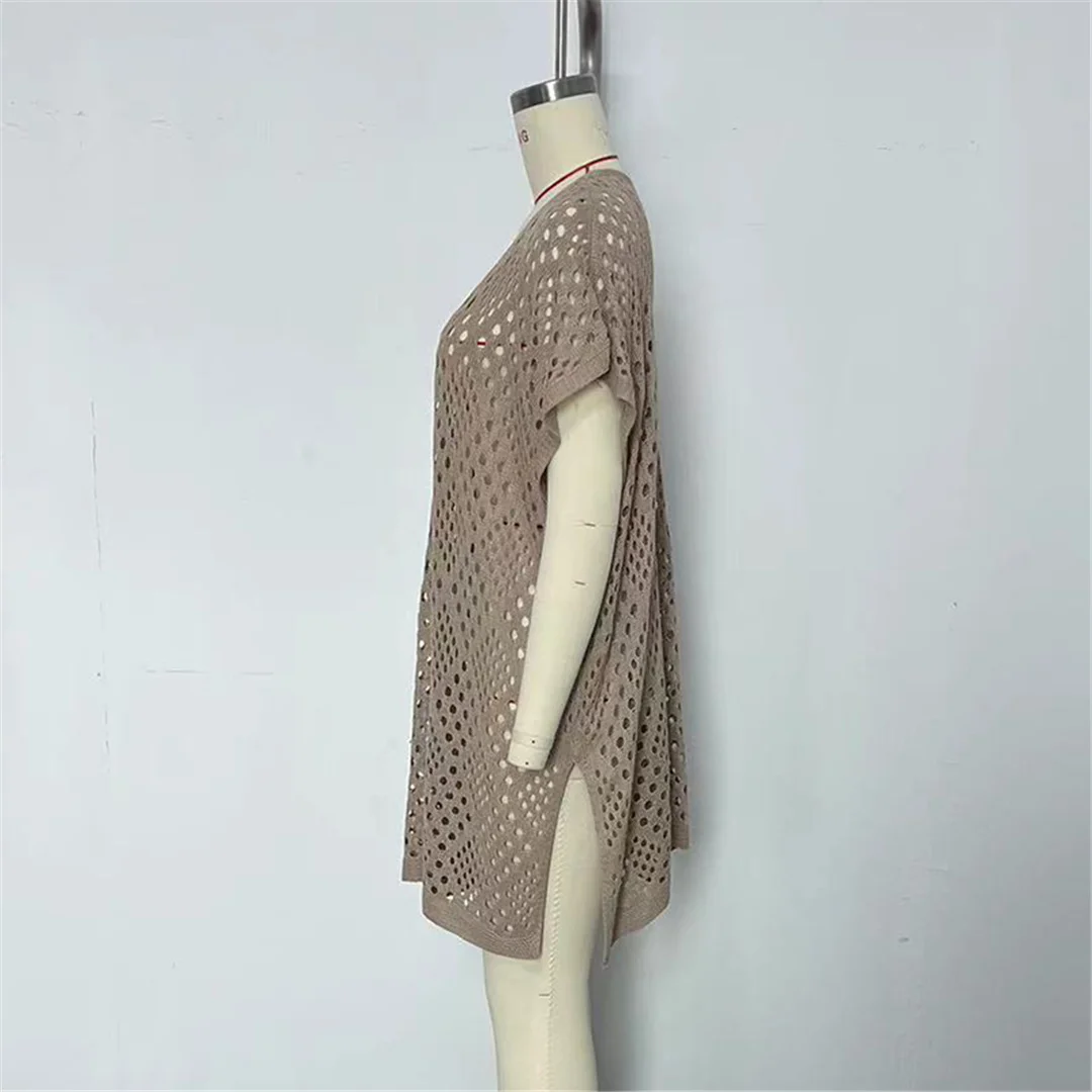 Kurzarm-Tunika mit Aushöhlungen, einfarbig, gehäkelt, gestrickt, Strand-Cover-up, Strandkleid, Strandmode, Damen V8535 – Detail 16