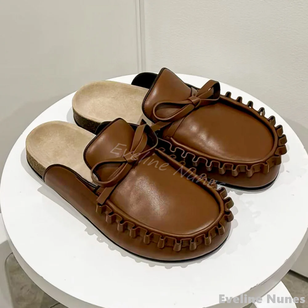 Lace Butterfly Knot Round Head Mule Slippers 2025 Summer New Retro Brown Leather Slip On Outerwear Thick Bottom Slippers