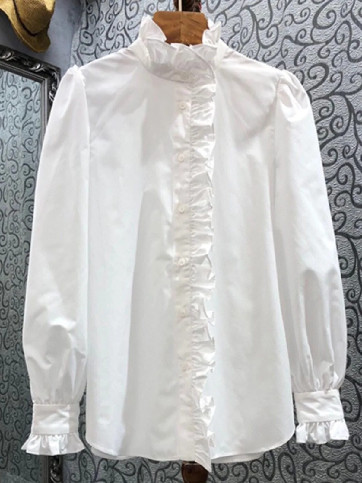 Vintage French Design Sense Petal Long Sleeve Cotton Ruffled Blouse for Women Stand Ruffles Collar Button Up Shirts White Tops