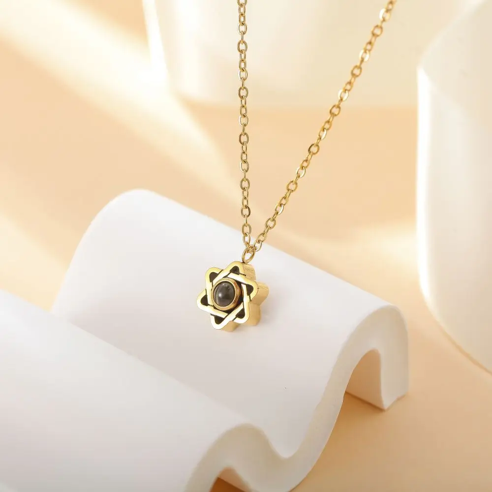 2025 Custom stainless steel six-pointed star projection photo necklace gemstone couple color photo custom necklace Jewelry gifts