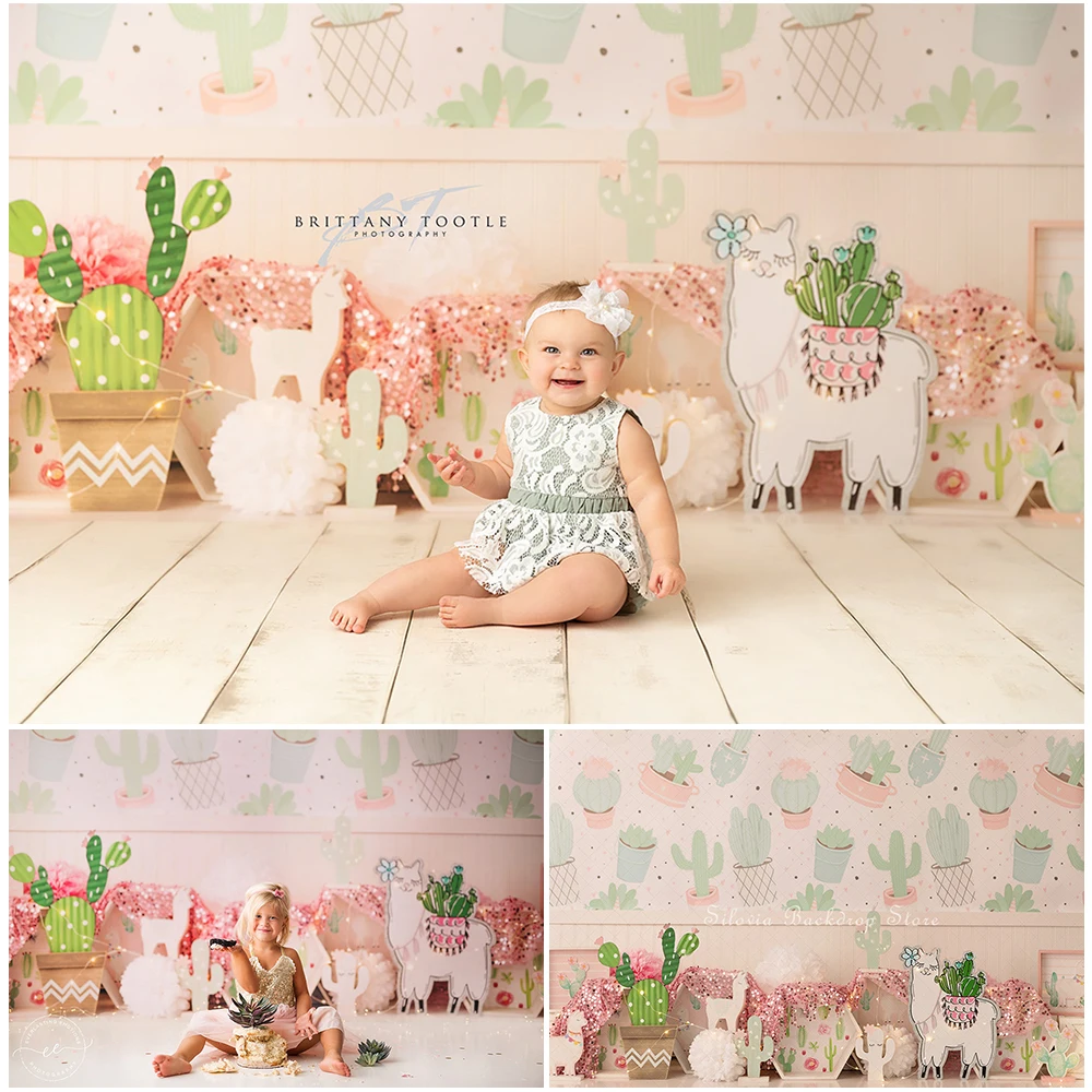 Mexican Carnival Cactus Alpaca Photo Background for Baby Kids First Birthday Photography Backdrop Cake Smash Photo Studio Props