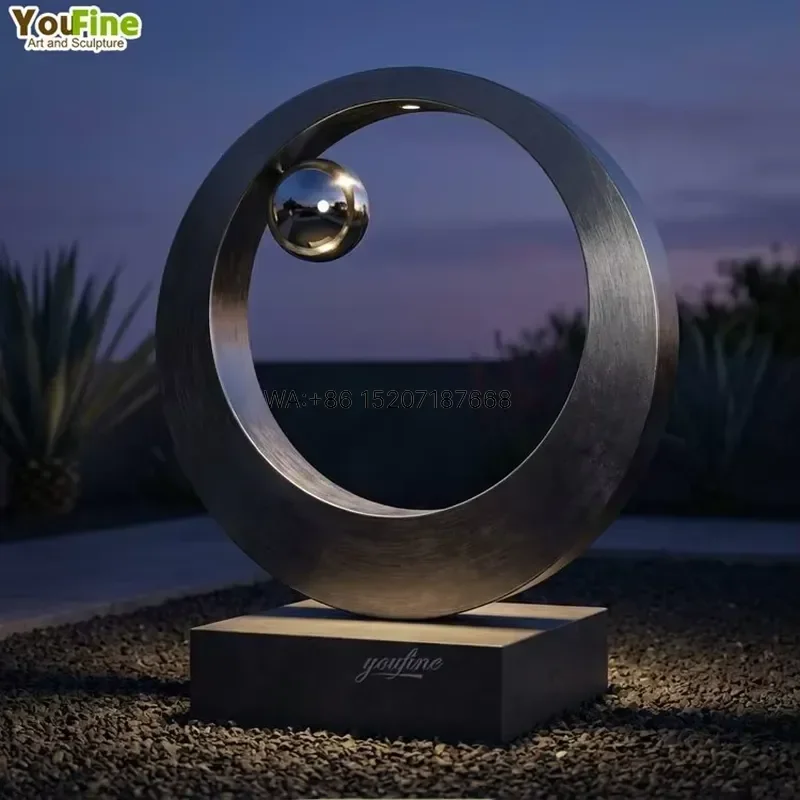 Wmwmnu Large Stainless Steel Ring with Sphere Sculpture Reflective Outdoor Plaza Garden Landscape Lighting Art