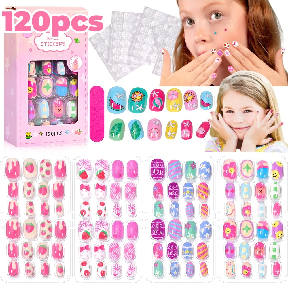 120Pcs Children\'s Press on Nails Kids Cartoon Acrylic Fake Nails Tips Kawaii Girl Full Cover Short False Nails With Jelly Glue#@