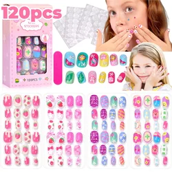 120Pcs Children's Press on Nails Kids Cartoon Acrylic Fake Nails Tips Kawaii Girl Full Cover Short False Nails With Jelly Glue#@