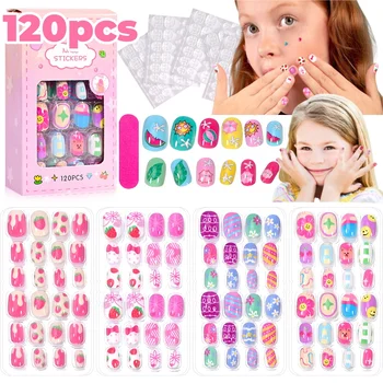 120Pcs Children's Press on Nails Kids Cartoon Acrylic Fake Nails Tips Kawaii Girl Full Cov