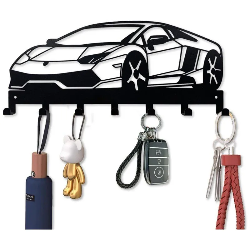 Metal Sports Car Wall Hook Rack 7 Hooks Key Holder Coat Hanger Entryway Kitchen Bathroom Decor