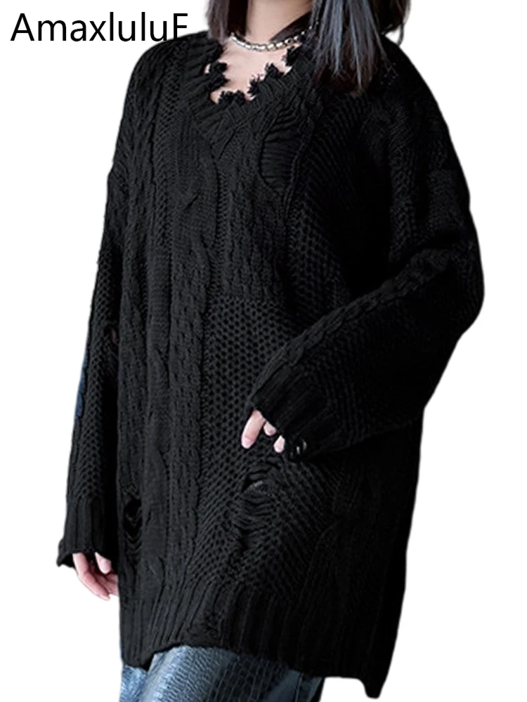

Amax LuluE Winter Fashion Vintage Holes Sweaters Womens Casual Loose Solid Pullover Ladies Classic Oversized Punk Warm Jumpers