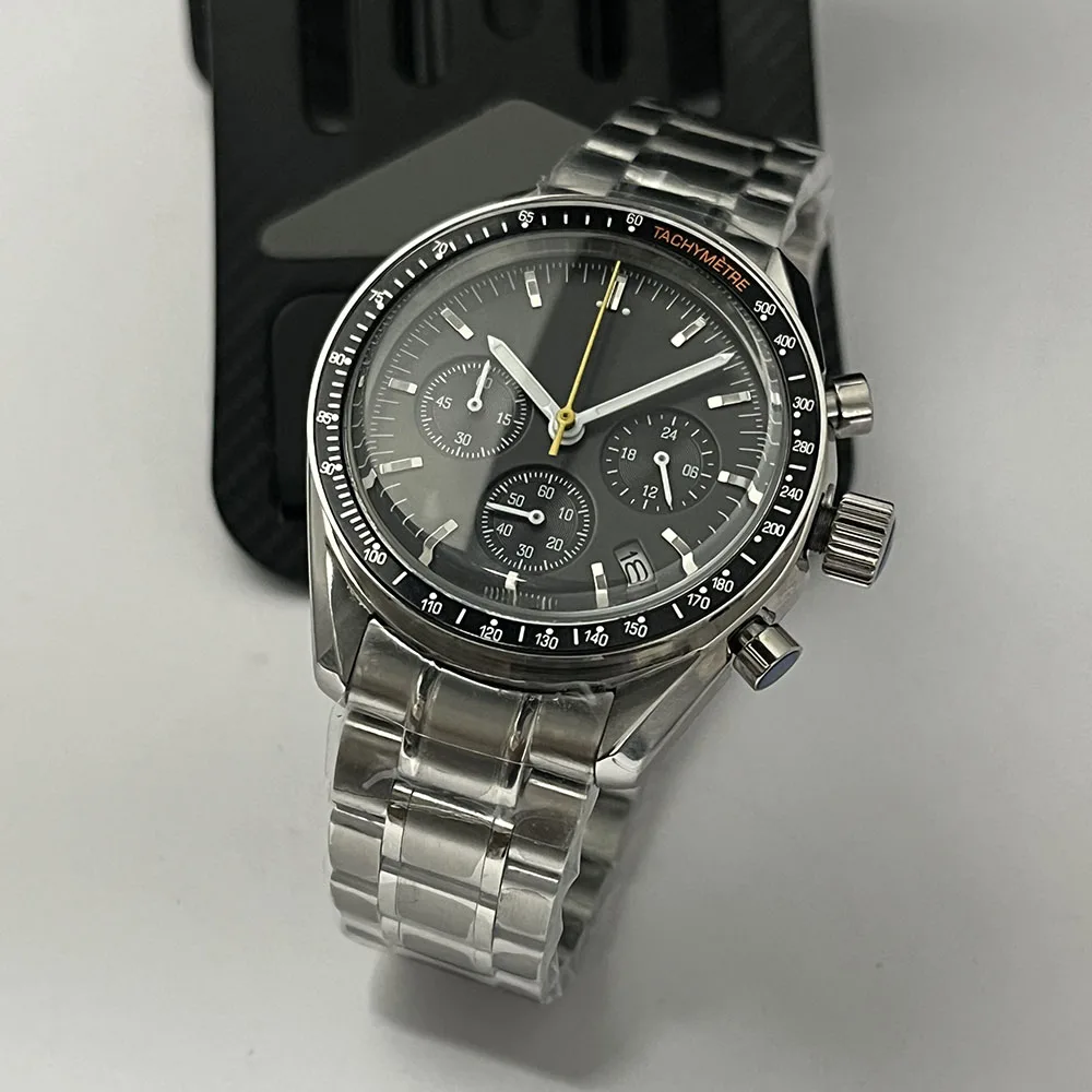 39.8 stainless steel case automatic calendar men's watch VK63 movement Thick transparent mirror black and white watch A image 3