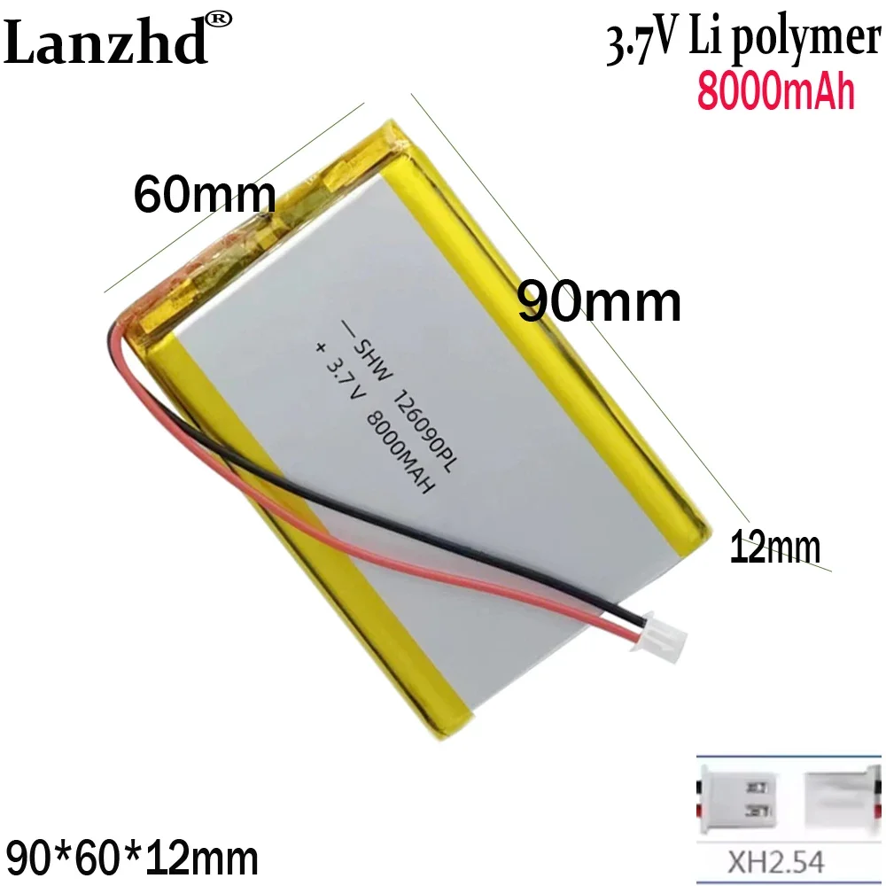3.7V Li Polymer Lithium Battery 8000mAh for Wireless WiFi Power Bank, Mobile Hand Warmer, Mobile Phones 126090 with 1.25 Plug