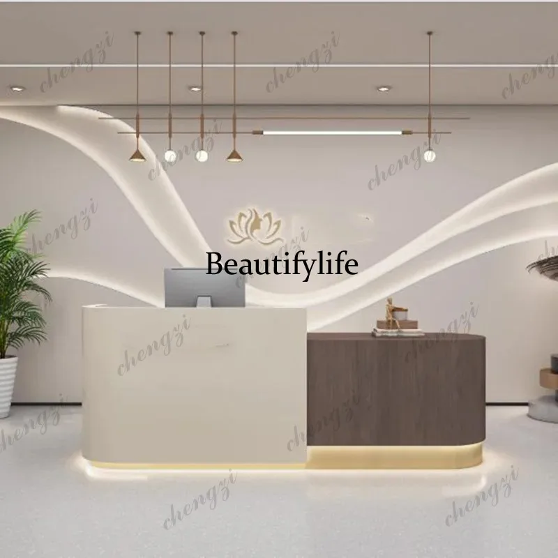 Beauty White Reception Desks Wood Welcome Led Lights Curved Reception Desks Simple Corner Mostrador De Tienda Trendy Furniture
