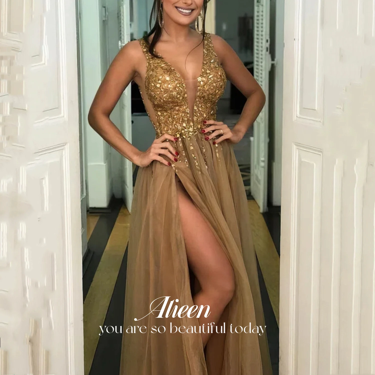 

Aileen Sharon Happy Mesh Women Dresses for Weddings Sleeveless Formal Dress Champagne Prom 2023 Rhinestones Dance Luxury Evening