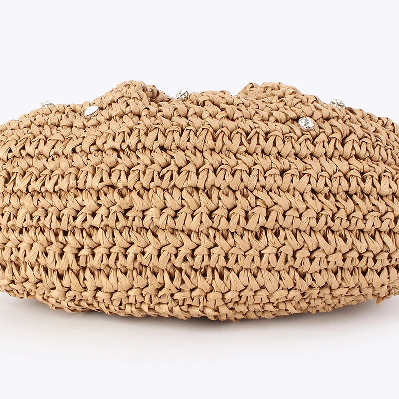 Strohgewebte Ketten-Umhängetasche, Damen-Clutch mit Strass-Verzierung und Verschlussrahmen, Leichte Sommer-Strandtasche für den Abend – Detail 3
