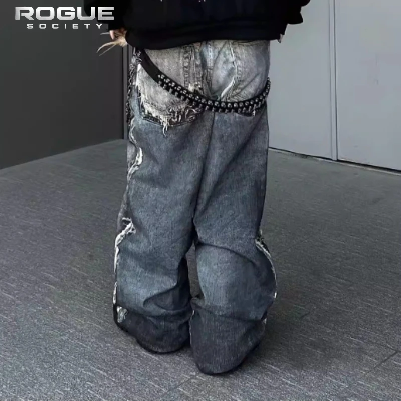 Harajuku Streetwear Ripped Loose Jeans Distressed Print Jeans Men Gothic High Street Style Y2K Baggy Faded Denim Pants Unisex