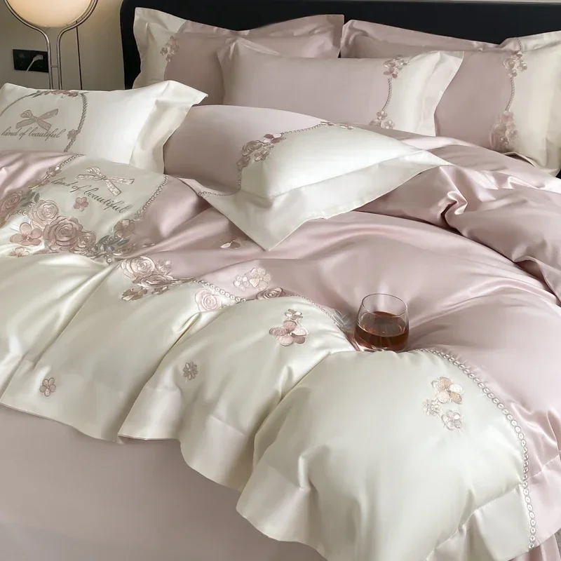4pcs/Set Class A Grade High-end 200s Long-staple Pure Cotton Embroidery Quilt Covers Pillowcases Sheet  Bedding Set