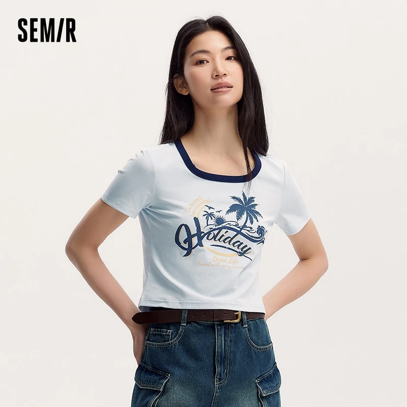 Semir Short-Sleeved T-Shirt Women Short Length Retro Print 2024 New Summer Color-Block Slim Fit Spicy Girl Clothing