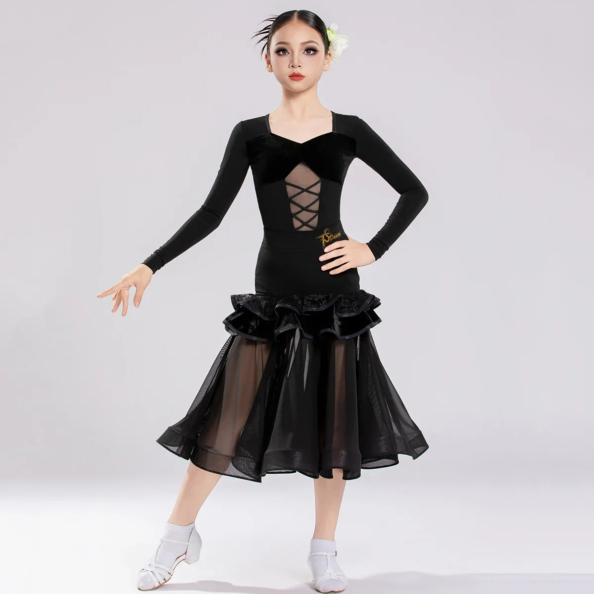 Children's Modern Dancing Split Suit Mesh Splicing Fishbone Long Dress Waltz Quick Step Standard Art Exam Dancewear Costume