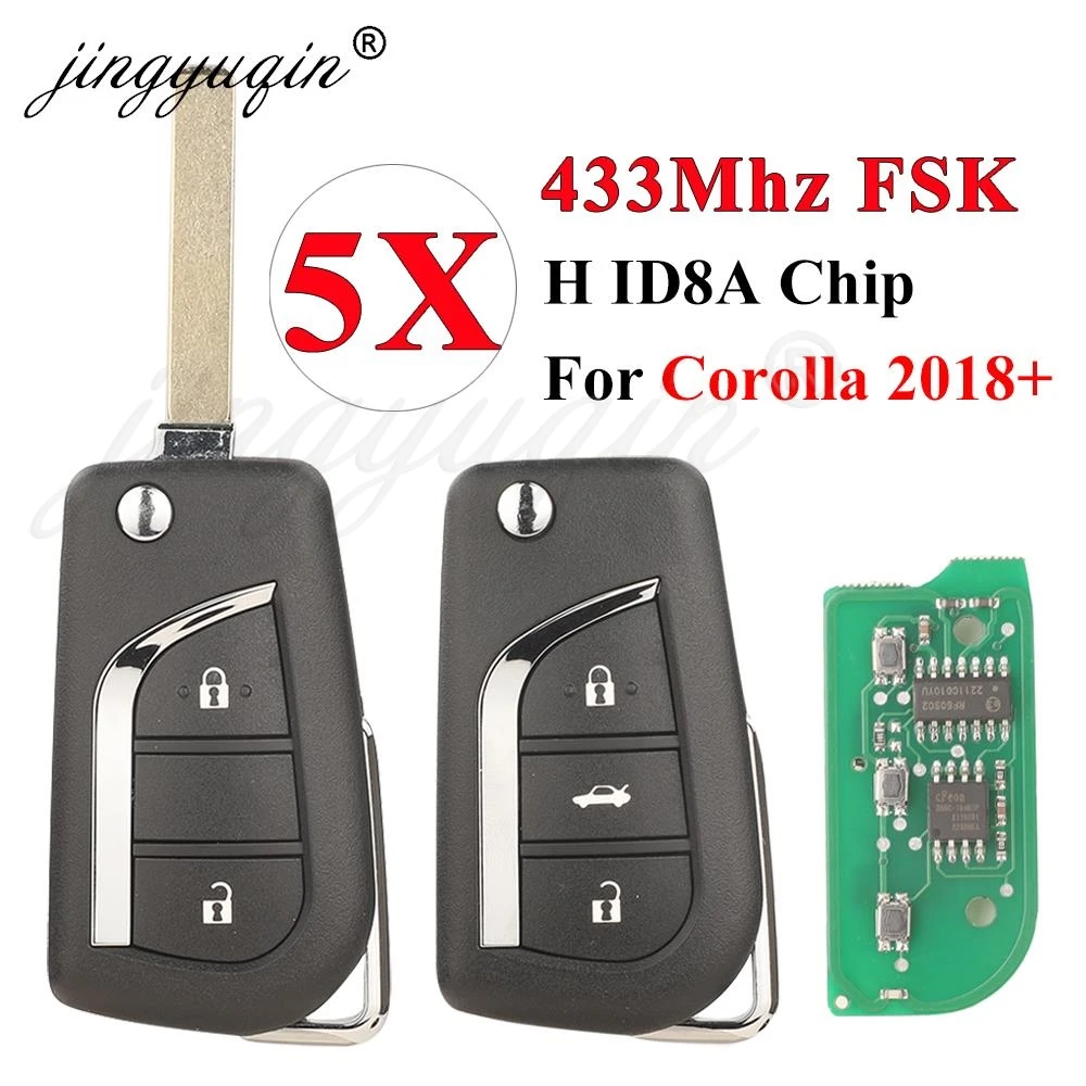 

jingyuqin 5pcs 433Mhz FSK ID8A H Chip Remote Car key for 2018+ Toyota Corolla Hice RAV4 Wildlander Flip Key Fob Control Long VA2