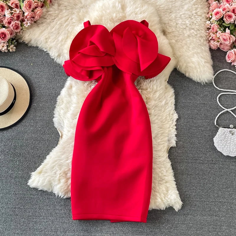 Slimming Slim Luxury Ele Par Dr One oulder Bowed  Bodycon Skirt Korean Sle High Waist Midi Dr without Sve