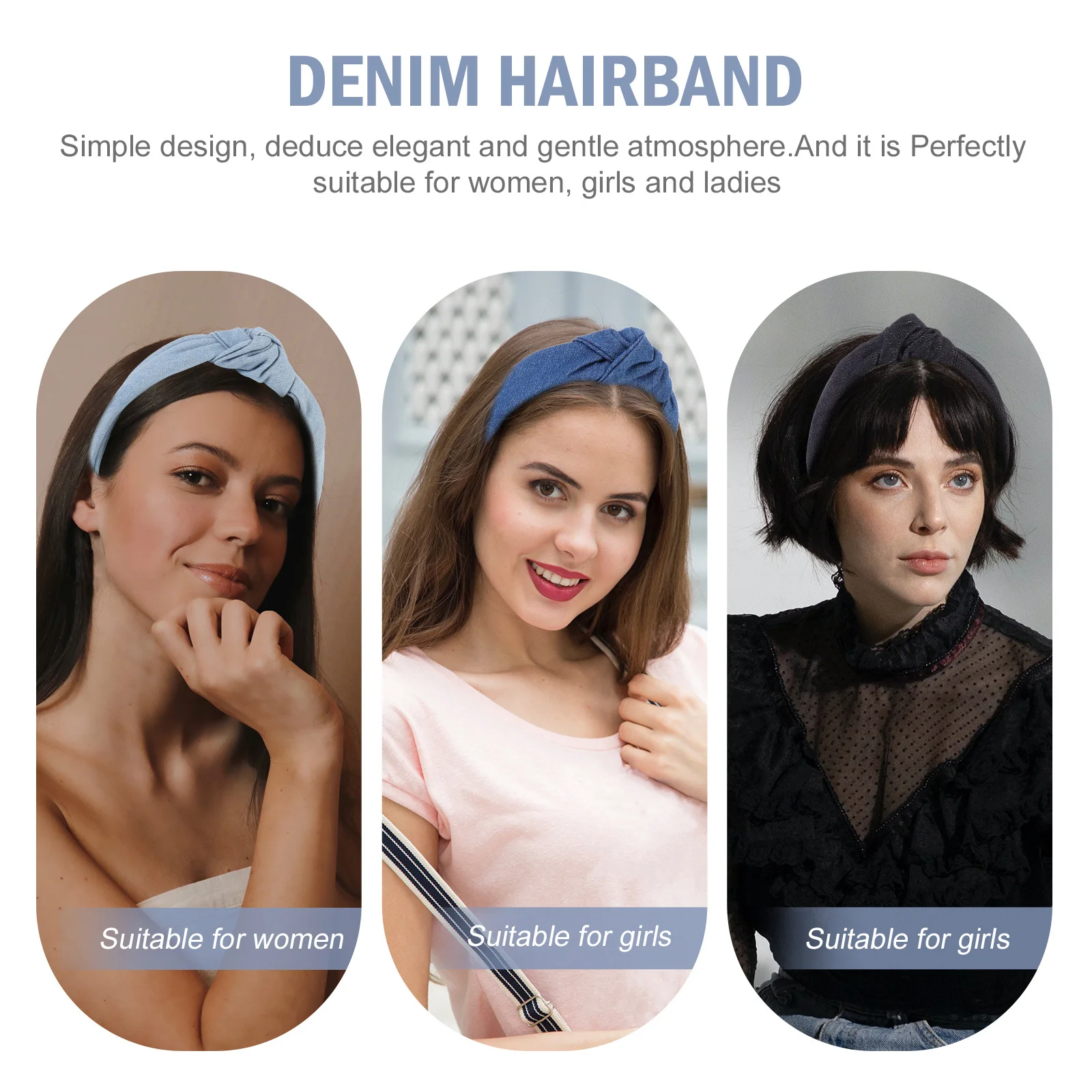 

3Pcs Denim Cloth Hairband Exquisite Wide Sided Head Decor for Women Girls Daily Wear Party Concerts Vintage Style