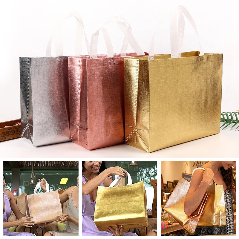 Bolsas de compras no tejidas reutilizables con láser brillante, bolsa de comestibles con asa, bolsa de regalo, bolsas de Goodie, venta al por mayor,