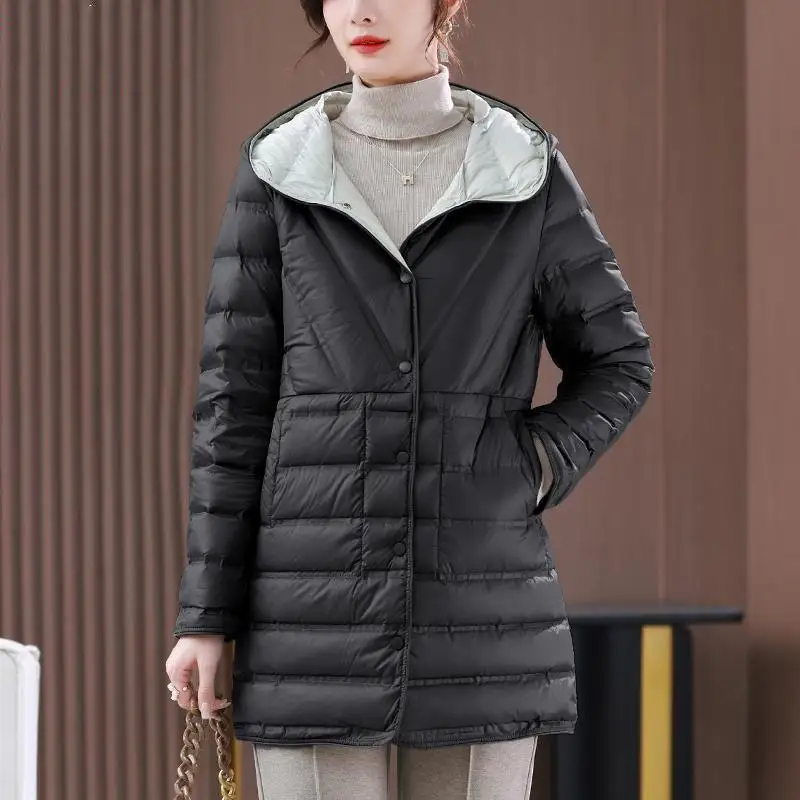 

Двусторонняя легкая белая пуховая куртка средней длины с капюшоном, универсальная, свободного кроя, с принтом, зимняя верхняя одежда