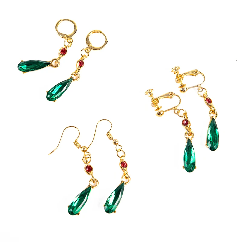 1Pair Moving Castle Earrings Howl Drop-Shaped Green Crystal Clip Earrings for Women Jewelry Temperament Accessories Gift