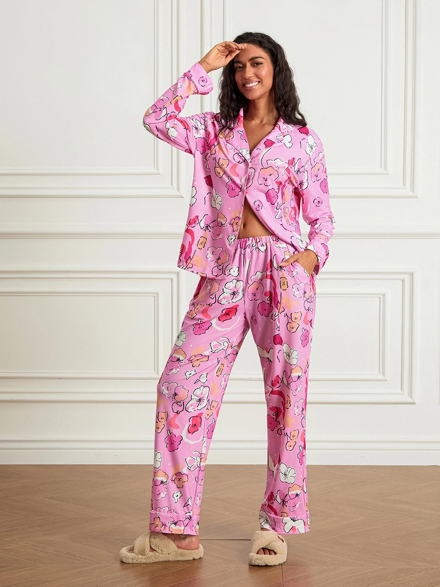 Women Valentine s Day Pajama Set Heart Bow Floral Print Button-up Long Sleeve Tops Long Pants 2-Piece Loungewear Outfit